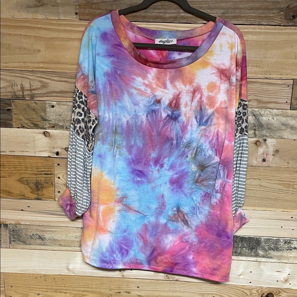 Haptics size Large Multicolor Tie-Dye Top with Cheetah Print and Striped Sleeves